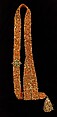 Jeweled Buckle and Slide on Silk Sash, Buckle  and slide: gold set with emeralds, rubies, diamonds; sash: silk embroidered with gold thread